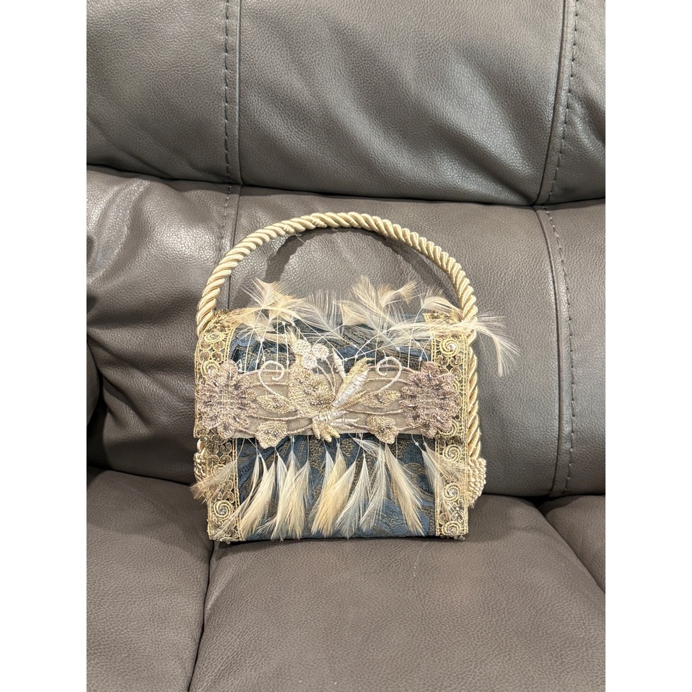 Not sisters two Beaded Feather Clutch Evening Bag Brocade Gold Trim Rope Handle